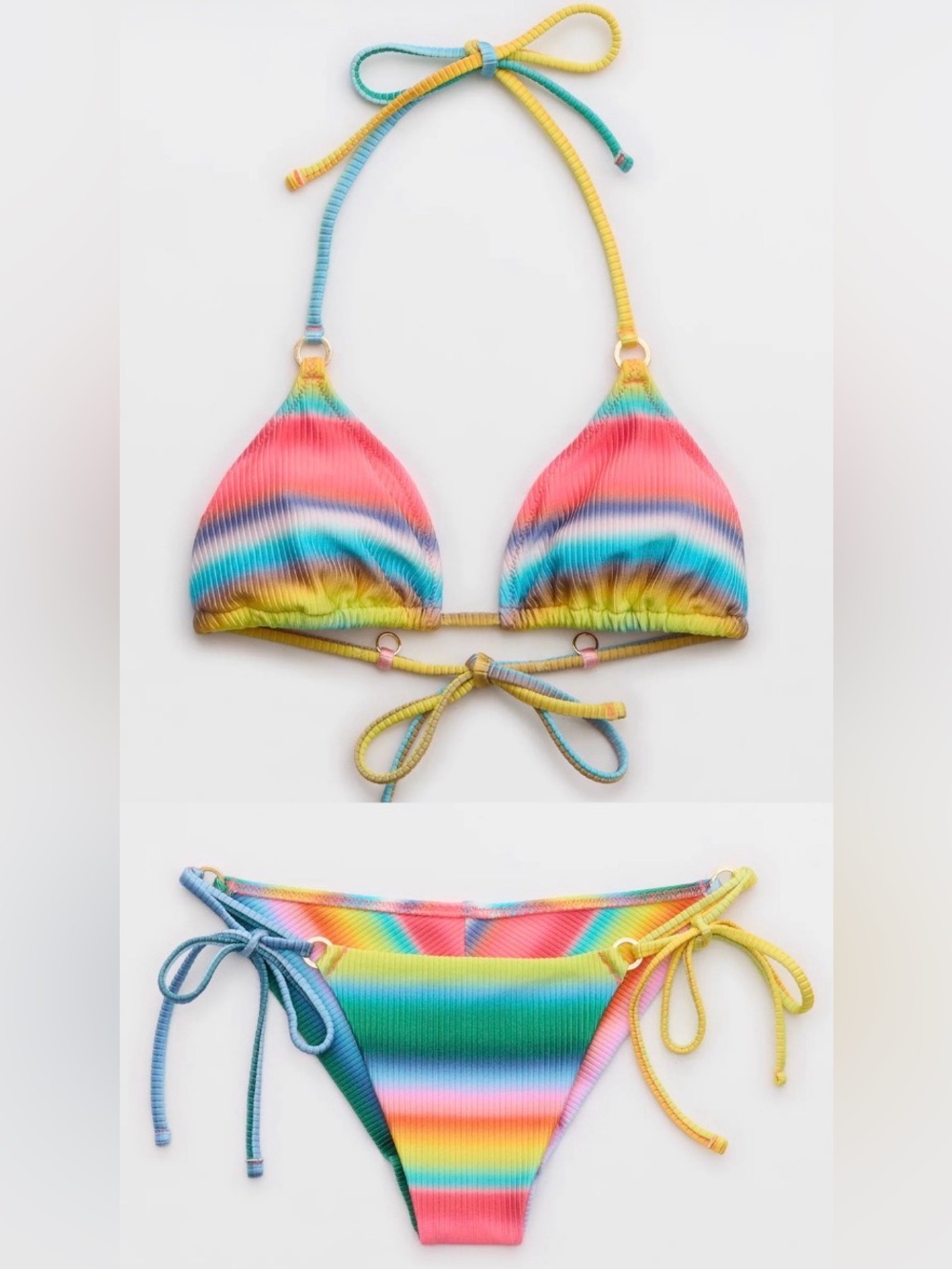 NWT Aerie FULL SET Shine Rib String Triangle Top + Cheekiest Tie Bottom Rainbow